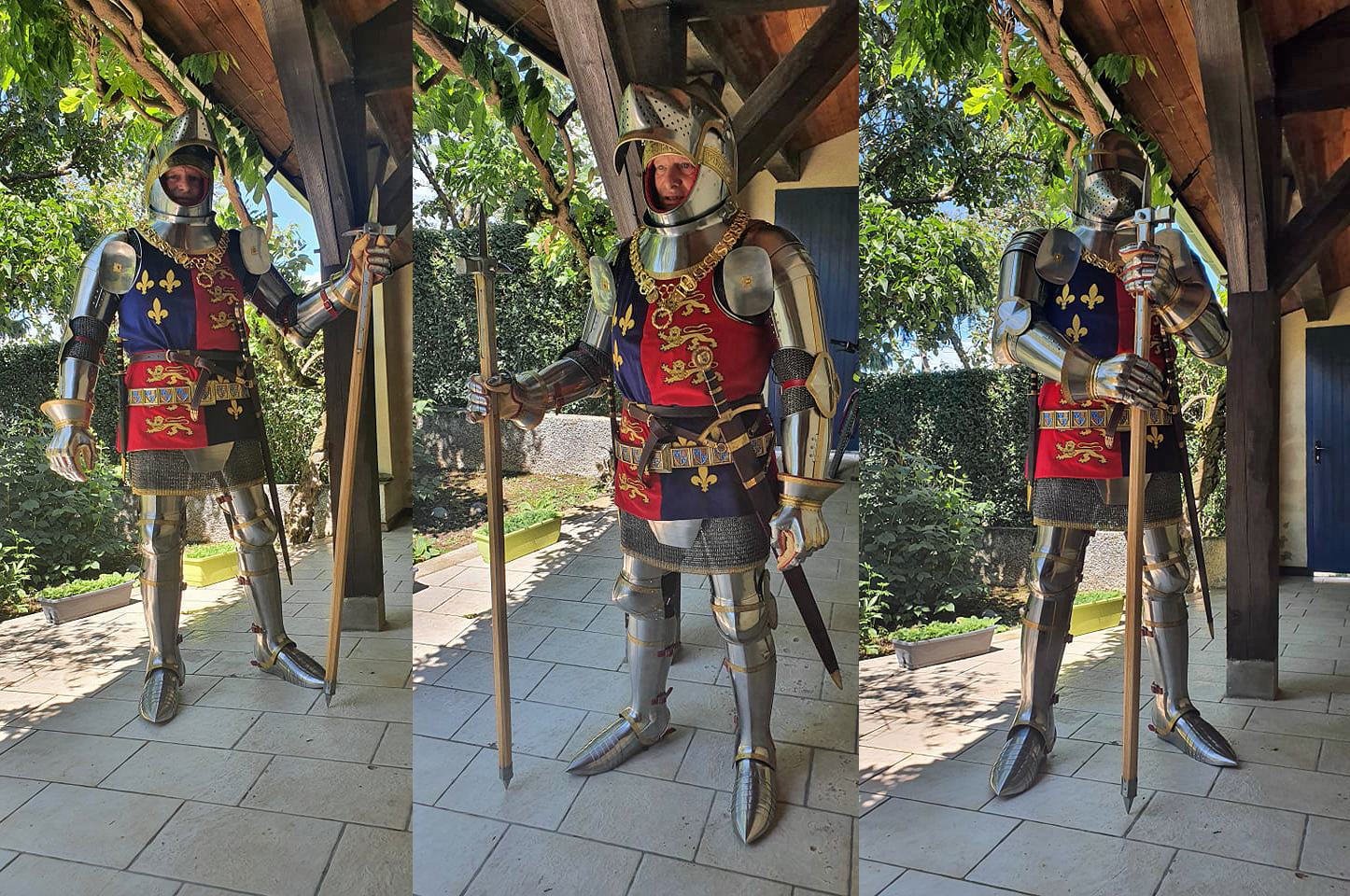 Complete armour set in English style for Agincourt battle period. Armour is part of potrait of royal family knight, maybe even the Henry V itself could wear such harness during Agincourt campaign in the north of France./ Kompletna zbroja w stylu angielskim z okresu bitwy pod Agincourt. Zbroja to cze portretu rycerza - czonka rodziny krlewskiej, moliwe e nawet sam Henryk V mg nosi tak zbroje podczas kampanii w pnocnej Francji.